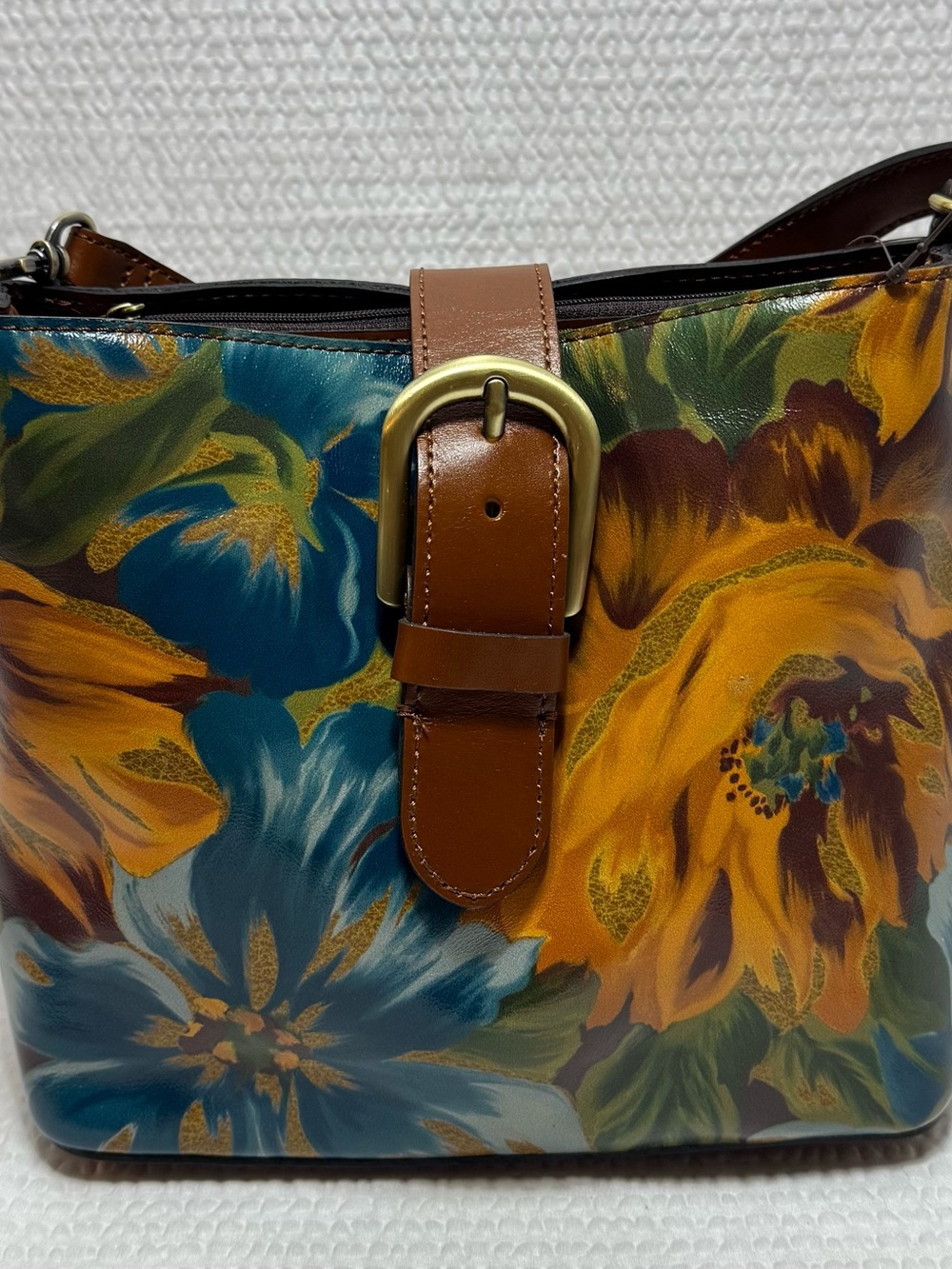 Patricia Nash Floral Shoulder Bag with Brown Leather Strap belt closed
